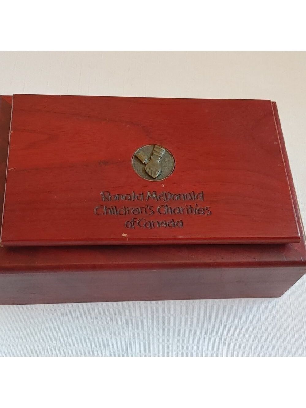 McDonalds Ronald McDonald House Wooden Box LOGO Badge